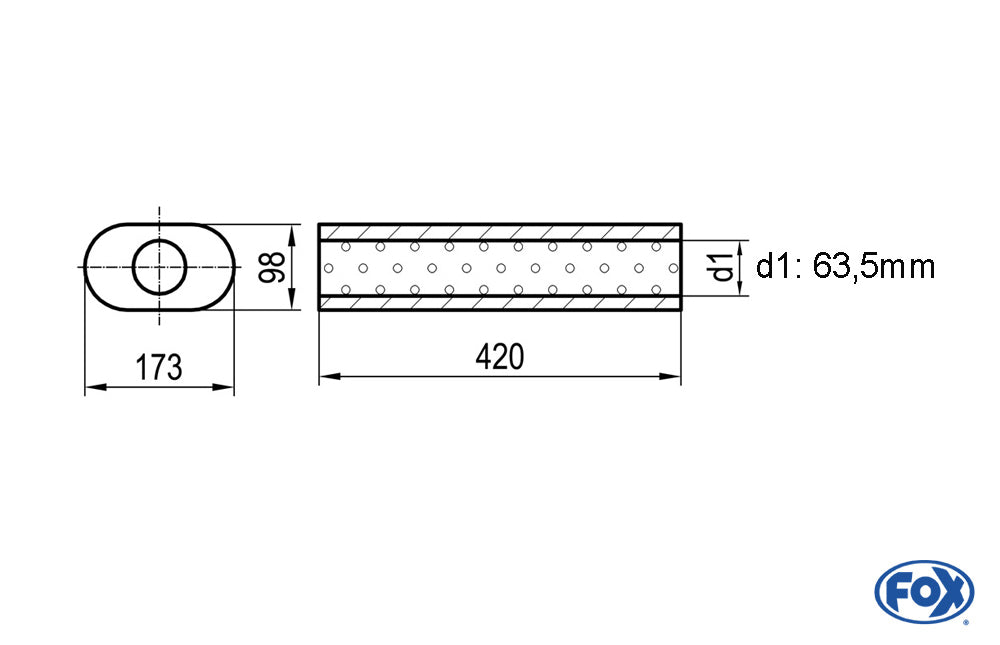 FOX Uni-Schalldämpfer oval ohne Stutzen - Abwicklung 450 173x98mm, d1Ø 63,5mm, Länge: 420mm