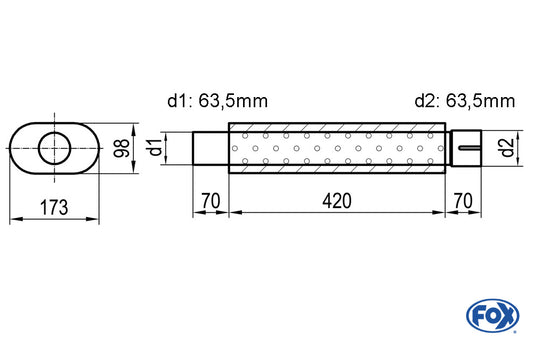 FOX Uni-Schalldämpfer oval mit Stutzen - Abwicklung 450 173x98mm, d1Ø 63,5mm  d2Ø 64mm, Länge: 420mm
