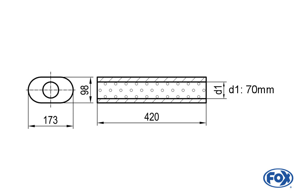 FOX Uni-Schalldämpfer oval ohne Stutzen - Abwicklung 450 173x98mm, d1Ø 70mm, Länge: 420mm