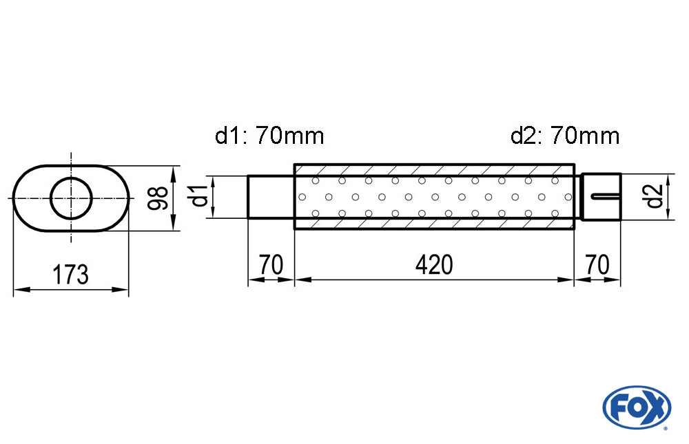 FOX Uni-Schalldämpfer oval mit Stutzen - Abwicklung 450 173x98mm, d1Ø 70mm  d2Ø 70,5mm, Länge: 420mm