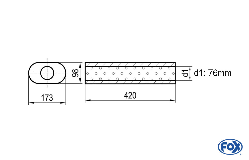 FOX Uni-Schalldämpfer oval ohne Stutzen - Abwicklung 450 173x98mm, d1Ø 76mm, Länge: 420mm