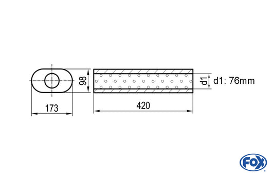 FOX Uni-Schalldämpfer oval ohne Stutzen - Abwicklung 450 173x98mm, d1Ø 76mm, Länge: 420mm