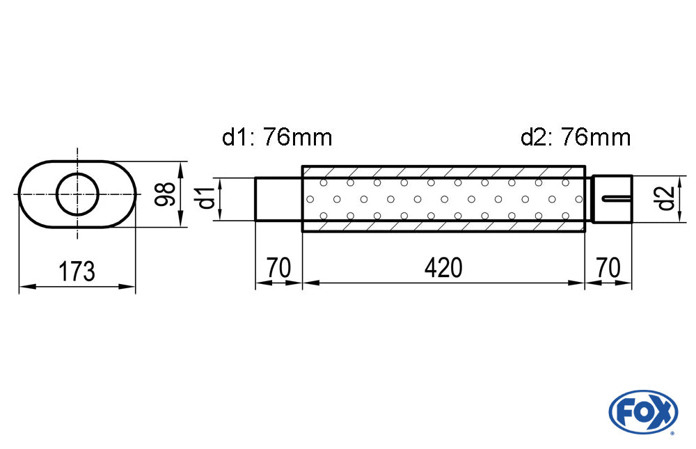 FOX Uni-Schalldämpfer oval mit Stutzen - Abwicklung 450 173x98mm, d1Ø 76mm  d2Ø 76,5mm, Länge: 420mm