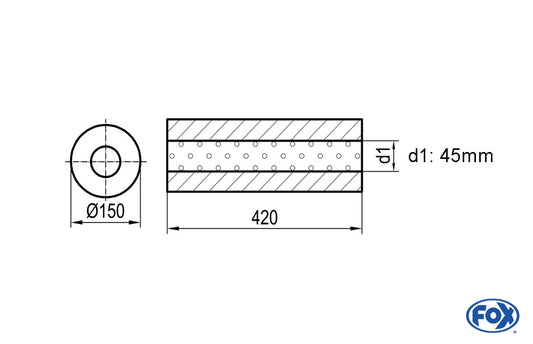 FOX Uni-Schalldämpfer rund ohne Stutzen - Abwicklung 466 Ø 150mm, d1Ø 45mm - Länge: 420mm