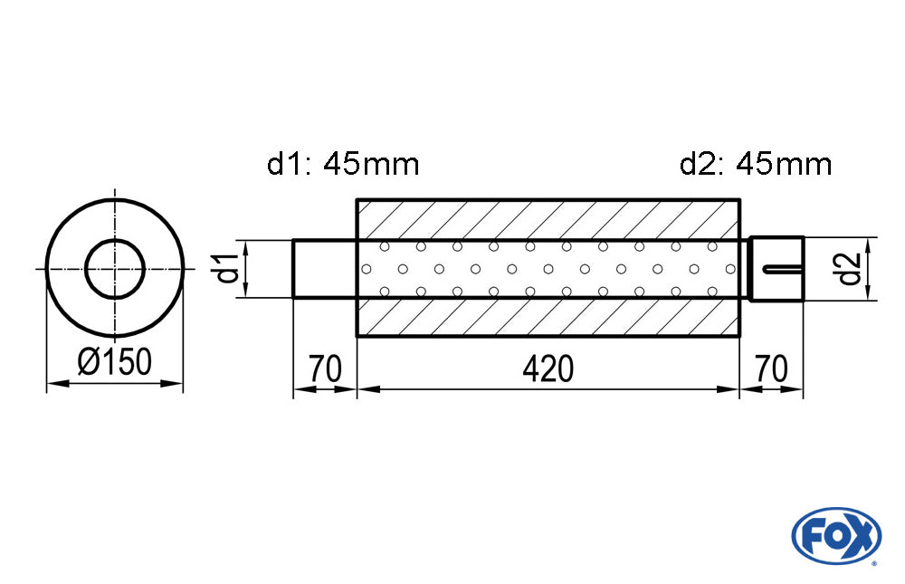 FOX Uni-Schalldämpfer rund mit Stutzen - Abwicklung 466 Ø 150mm, d1Ø 45mm außen - d2Ø 45,5mm innen - Länge: 420mm