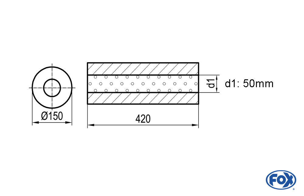 FOX Uni-Schalldämpfer rund ohne Stutzen - Abwicklung 466 Ø 150mm, d1Ø 50mm - Länge: 420mm