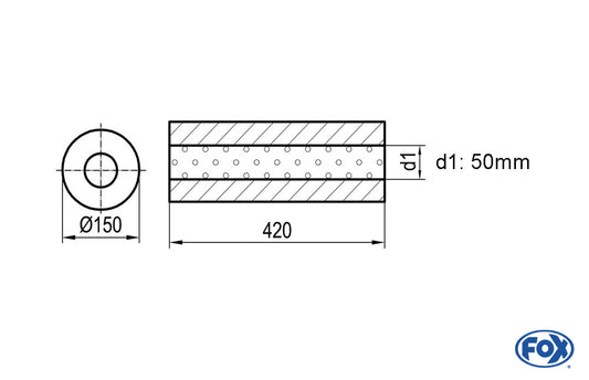 FOX Uni-Schalldämpfer rund ohne Stutzen - Abwicklung 466 Ø 150mm, d1Ø 50mm - Länge: 420mm