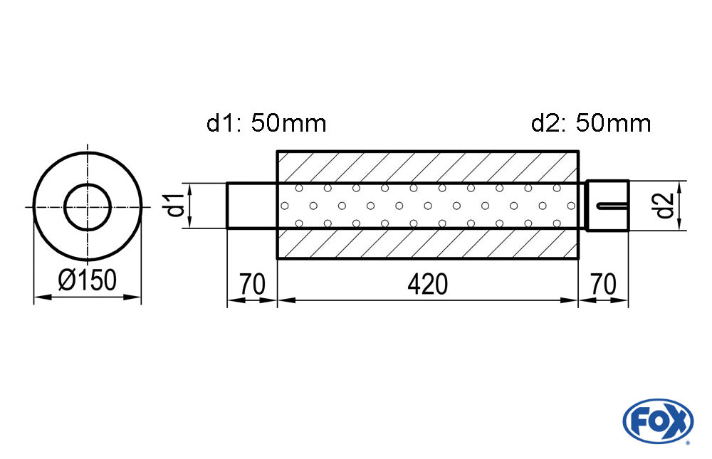 FOX Uni-Schalldämpfer rund mit Stutzen - Abwicklung 466 Ø 150mm, d1Ø 50mm außen - d2Ø 50,5mm innen - Länge: 420mm