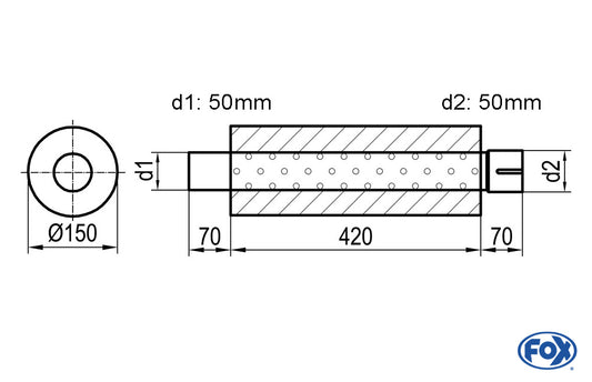 FOX Uni-Schalldämpfer rund mit Stutzen - Abwicklung 466 Ø 150mm, d1Ø 50mm außen - d2Ø 50,5mm innen - Länge: 420mm