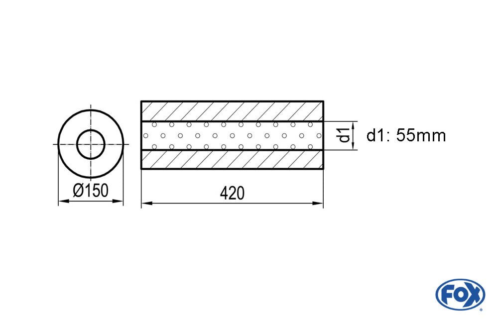 FOX Uni-Schalldämpfer rund ohne Stutzen - Abwicklung 466 Ø 150mm, d1Ø 55mm -, Länge: 420mm