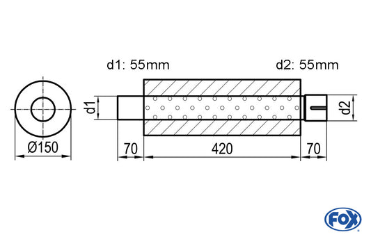 FOX Uni-Schalldämpfer rund mit Stutzen - Abwicklung 466 Ø 150mm, d1Ø 55mm außen - d2Ø 55,5mm innen - Länge: 420mm