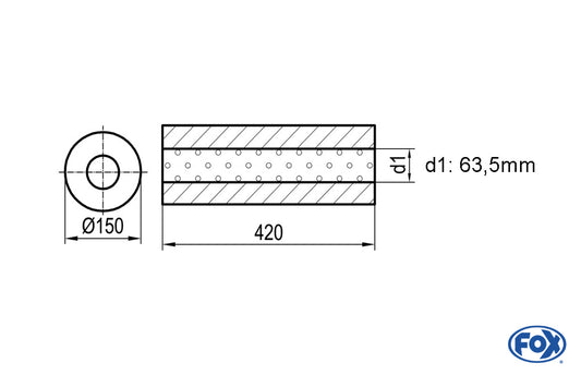 FOX Uni-Schalldämpfer rund ohne Stutzen - Abwicklung 466 Ø 150mm, d1Ø 63,5mm -, Länge: 420mm