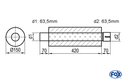 FOX Uni-Schalldämpfer rund mit Stutzen - Abwicklung 466 Ø 150mm, d1Ø 63,5mm außen - d2Ø 64mm innen - Länge: 420mm