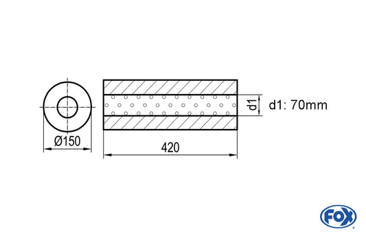 FOX Uni-Schalldämpfer rund ohne Stutzen - Abwicklung 466 Ø 150mm, d1Ø 70mm -, Länge: 420mm