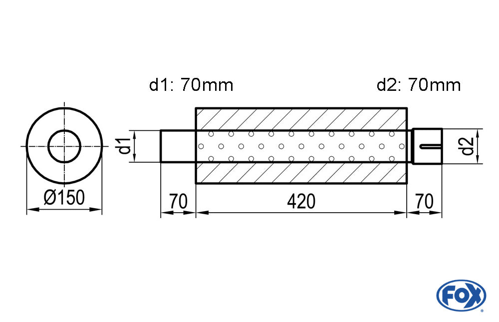 FOX Uni-Schalldämpfer rund mit Stutzen - Abwicklung 466 Ø 150mm, d1Ø 70mm außen - d2Ø 70,5mm innen - Länge 420mm