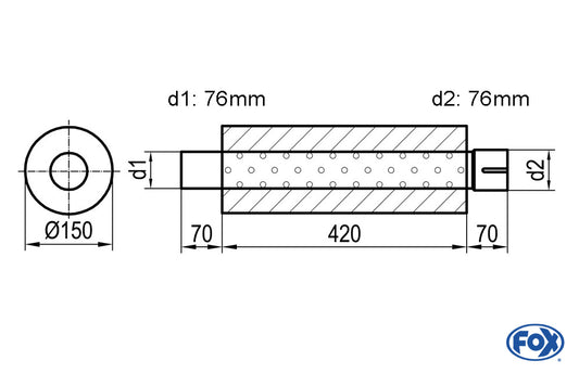 FOX Uni-Schalldämpfer rund mit Stutzen - Abwicklung 466 Ø 150mm, d1Ø 76mm außen - d2Ø 76,5mm innen - Länge: 420mm