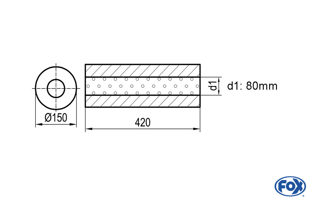 FOX Uni-Schalldämpfer rund ohne Stutzen - Abwicklung 466 Ø 150mm, d1Ø 80mm -, Länge: 420mm