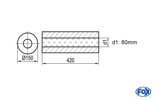 FOX Uni-Schalldämpfer rund ohne Stutzen - Abwicklung 466 Ø 150mm, d1Ø 80mm -, Länge: 420mm