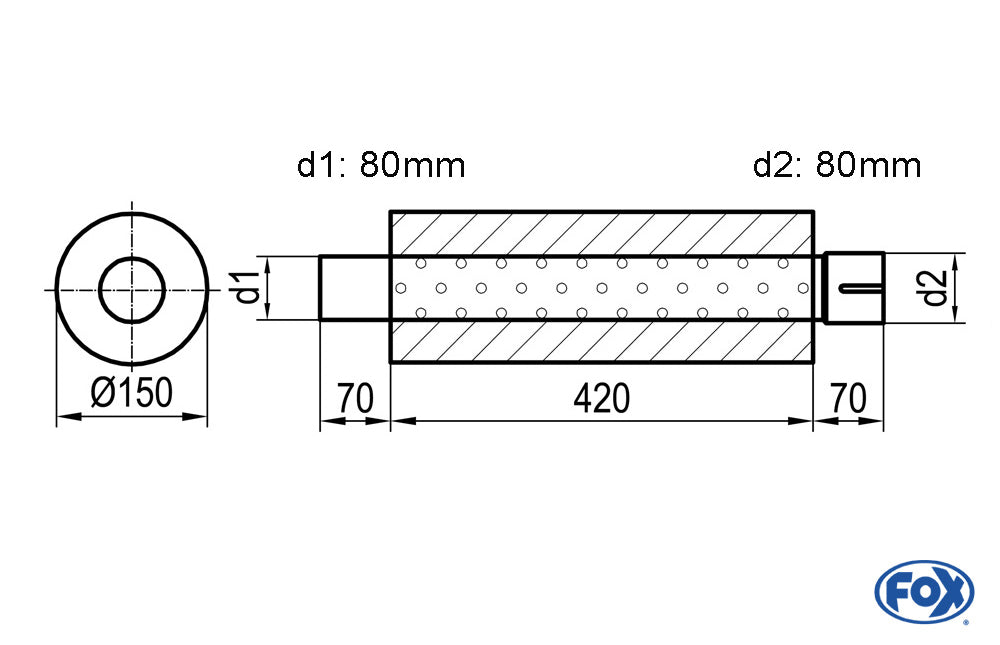 FOX Uni-Schalldämpfer rund mit Stutzen - Abwicklung 466 Ø 150mm, d1Ø 80mm -, Länge: 420mm