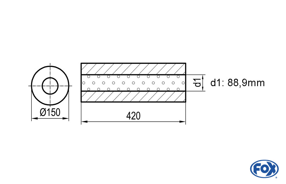 FOX Uni-Schalldämpfer rund ohne Stutzen - Abwicklung 466 Ø 150mm, d1Ø 88,9mm -, Länge: 420mm