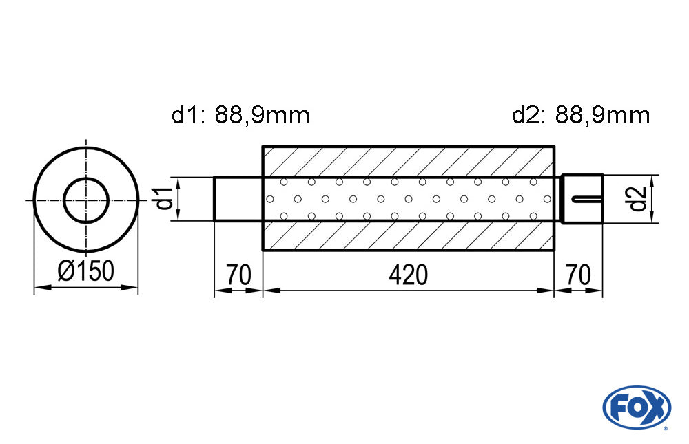 FOX Uni-Schalldämpfer rund mit Stutzen - Abwicklung 466 Ø 150mm, d1Ø 88,9mm -, Länge: 420mm
