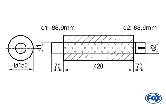 FOX Uni-Schalldämpfer rund mit Stutzen - Abwicklung 466 Ø 150mm, d1Ø 88,9mm -, Länge: 420mm