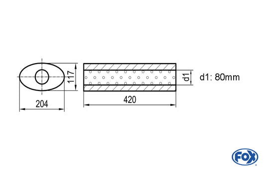 FOX Uni-Schalldämpfer oval ohne Stutzen - Abwicklung 525 204x117mm, d1Ø 80mm, Länge: 420mm