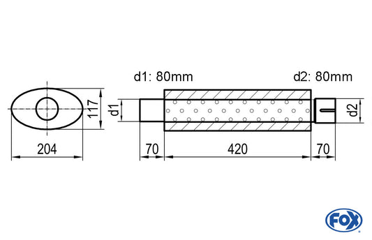 FOX Uni-Schalldämpfer oval mit Stutzen - Abwicklung 525 204x117mm, d1Ø 80mm  d2Ø80,5mm innen - Länge: 420mm