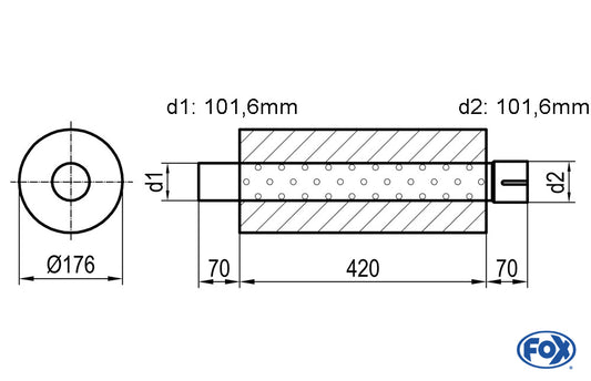 FOX Uni-Schalldämpfer rund mit Stutzen - Abwicklung 556 Ø 176mm, d1Ø 88,9mm außen - d2Ø 88,9mm innen - Länge: 420mm