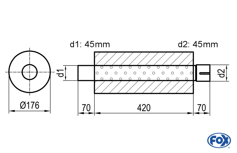 FOX Uni-Schalldämpfer rund mit Stutzen - Abwicklung 556 Ø 176mm, d1Ø 101,6mm außen, d2Ø 101,6mm innen - Länge: 420mm