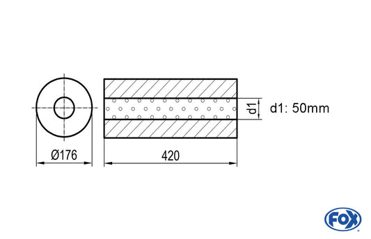 FOX Uni-Schalldämpfer rund ohne Stutzen - Abwicklung 556 Ø 176mm, d1Ø 50mm, Länge: 420mm -Ø 176mm