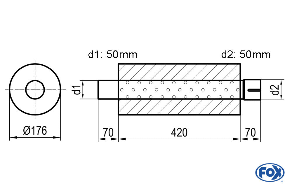 FOX Uni-Schalldämpfer rund mit Stutzen - Abwicklung 556 Ø 176mm, d1Ø 50mm  d2Ø 50,5mm, Länge: 420mm