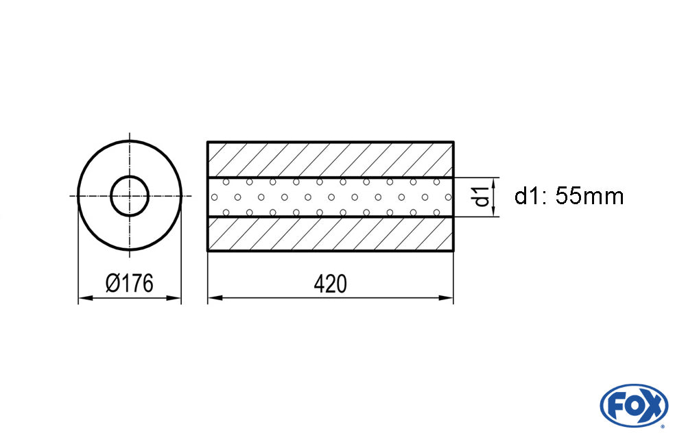 FOX Uni-Schalldämpfer rund ohne Stutzen - Abwicklung 556 Ø 176mm, d1Ø 55mm, Länge: 420mm -Ø 176mm