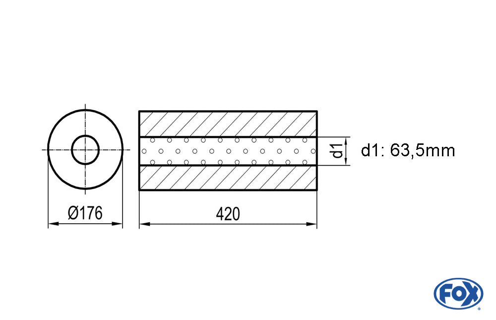 FOX Uni-Schalldämpfer rund ohne Stutzen - Abwicklung 556 Ø 176mm, d1Ø 63,5mm, Länge: 420mm -Ø 176mm
