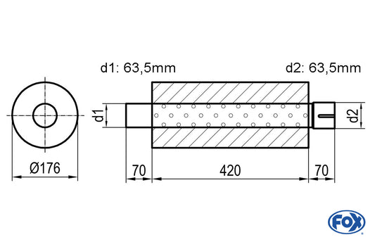 FOX Uni-Schalldämpfer rund mit Stutzen - Abwicklung 556 Ø 176mm, d1Ø 63,5mm  d2Ø 64mm, Länge: 420mm