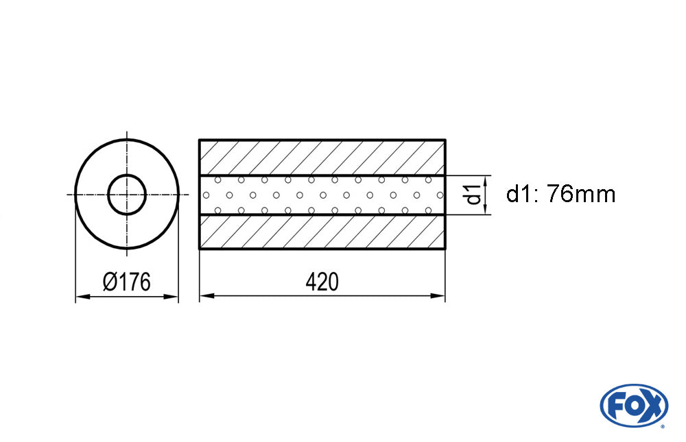 FOX Uni-Schalldämpfer rund ohne Stutzen - Abwicklung 556 Ø 176mm, d1Ø 76mm, Länge: 420mm