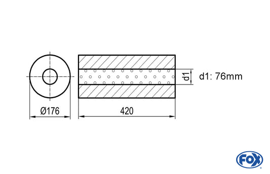 FOX Uni-Schalldämpfer rund ohne Stutzen - Abwicklung 556 Ø 176mm, d1Ø 76mm, Länge: 420mm