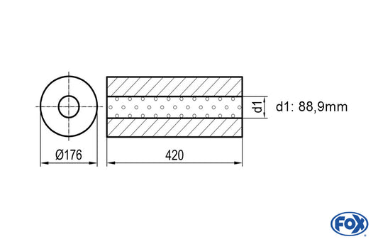 FOX Uni-Schalldämpfer rund ohne Stutzen - Abwicklung 556 Ø 176mm, d1Ø 80mm, Länge: 420mm -Ø 176mm
