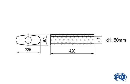 FOX Uni-Schalldämpfer oval ohne Stutzen - Abwicklung 558 235x97mm, d1Ø 50mm, Länge: 420mm