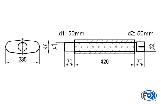 FOX Uni-Schalldämpfer oval mit Stutzen - Abwicklung 558 235x97mm, d1Ø 50mm  d2Ø 50,5mm, Länge: 420mm