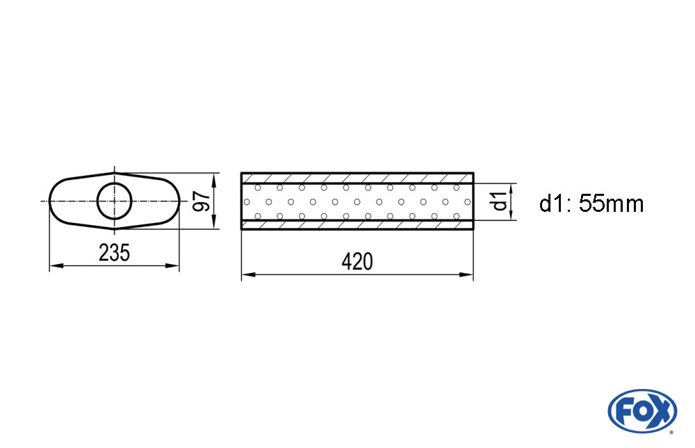 FOX Uni-Schalldämpfer oval ohne Stutzen - Abwicklung 558 235x97mm, d1Ø 55mm, Länge: 420mm