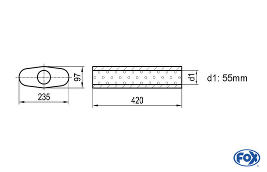 FOX Uni-Schalldämpfer oval ohne Stutzen - Abwicklung 558 235x97mm, d1Ø 55mm, Länge: 420mm