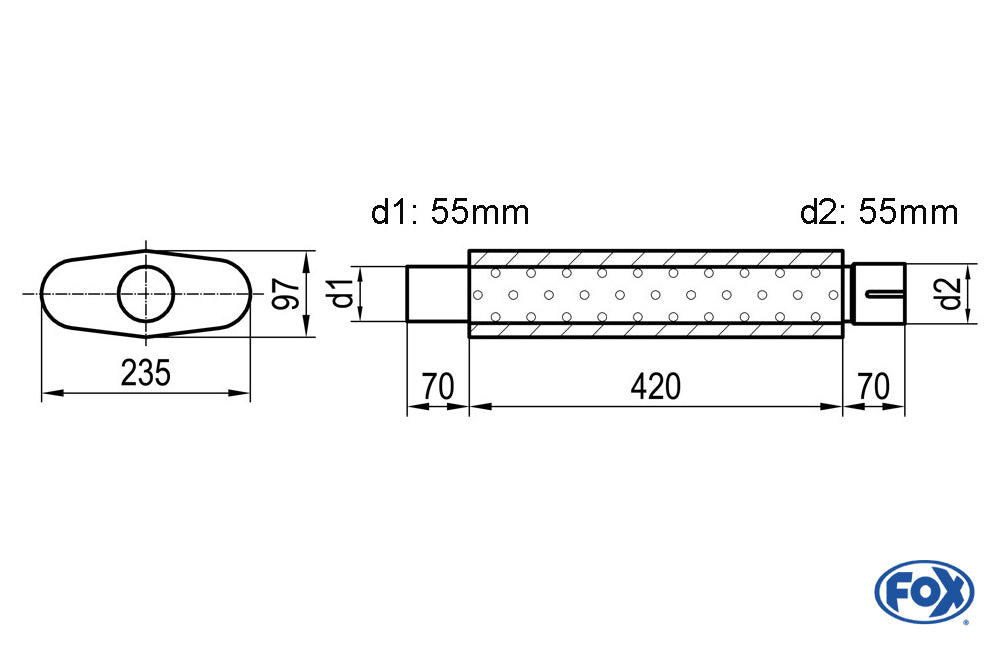 FOX Uni-Schalldämpfer oval mit Stutzen - Abwicklung 558 235x97mm, d1Ø 55mm  d2Ø 55,5mm, Länge: 420mm
