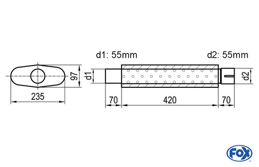 FOX Uni-Schalldämpfer oval mit Stutzen - Abwicklung 558 235x97mm, d1Ø 55mm  d2Ø 55,5mm, Länge: 420mm
