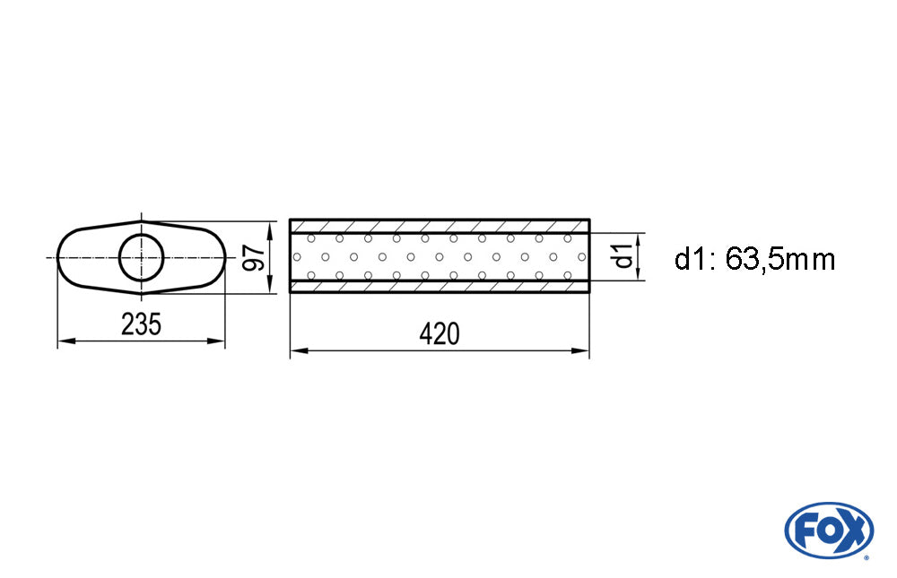 FOX Uni-Schalldämpfer oval ohne Stutzen - Abwicklung 558 235x97mm, d1Ø 63,5mm, Länge: 420mm