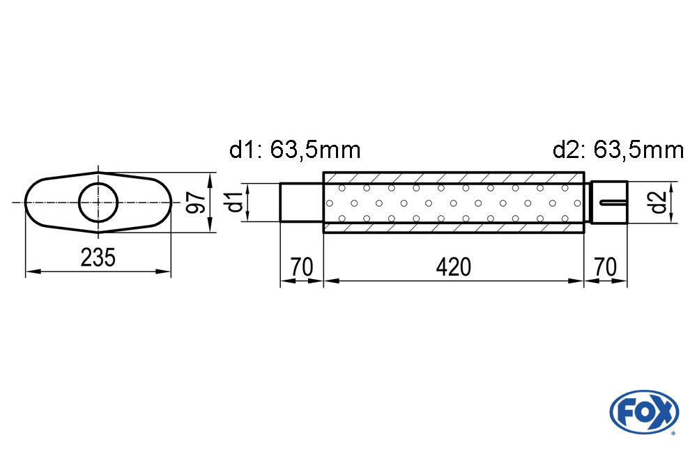 FOX Uni-Schalldämpfer oval mit Stutzen - Abwicklung 558 235x97mm, d1Ø 63,5mm  d2Ø 64mm, Länge: 420mm