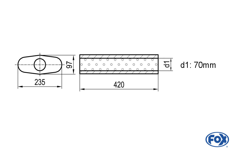 FOX Uni-Schalldämpfer oval ohne Stutzen - Abwicklung 558 235x97mm, d1Ø 70mm, Länge: 420mm