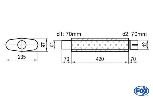 FOX Uni-Schalldämpfer oval mit Stutzen - Abwicklung 558 235x97mm, d1Ø 70mm  d2Ø 70,5mm, Länge: 420mm