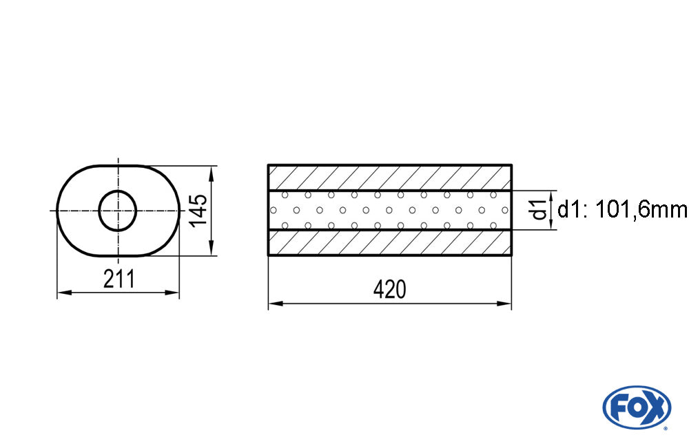 FOX Uni-Schalldämpfer oval ohne Stutzen - Abwicklung 585 211x145mm, d1Ø 101mm, Länge: 420mm