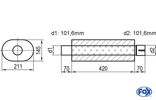 FOX Uni-Schalldämpfer oval mit Stutzen - Abwicklung 585 211x145mm, d1Ø 101 mm außen - d2Ø 101mm innen - Länge: 420mm